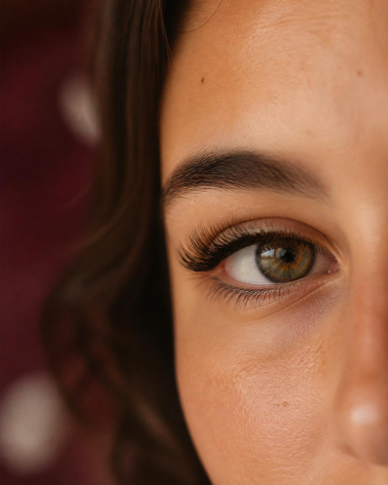 Nahaufnahme eines Auges mit langen Wimpern im goldenen Licht